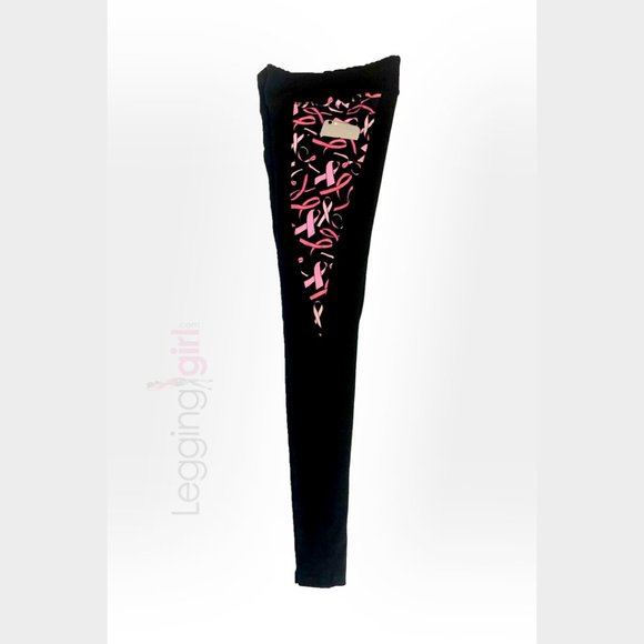 Solid Black with Pink Ribbons Pockets - Wide Band ButterSoft Leggings Plus Size - Picture 3 of 3